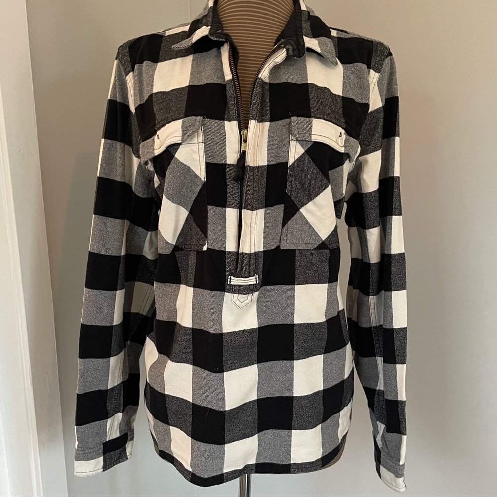 J Crew Flannel Black and White Buffalo Plaid Popover Shirt size XL GUC